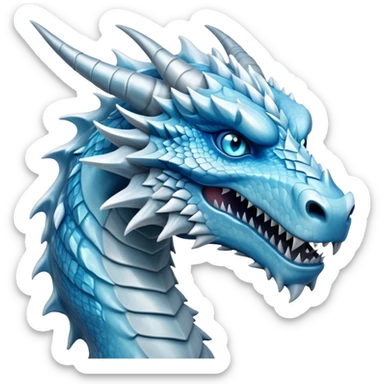 Cinematic Noble Fierce Ice Dragon Portrait Emoji, Poised and imposing, with a muscular, scaled body shimmering in glacial hues of icy blue, frostbitten silver, and crystalline white, breathing out frost, with piercing, glowing eyes that radiate the chilling depths of an arctic storm; rendered in detail. sticker