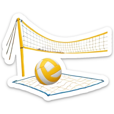 The scene captures the relaxed yet competitive vibe of beach volleyball, with warm sunlight and the natural beauty of the beach. A volleyball resting on the yellow sand on a beach, with the net in the background and a scenic view of the ocean and sky.  sticker