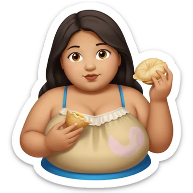 Can you create an emoji of a half Indian - half white 23 year old girl with dark brown mid length hair and brown eyes who is super obese and eating a dumpling. Full body and make her really fat sticker