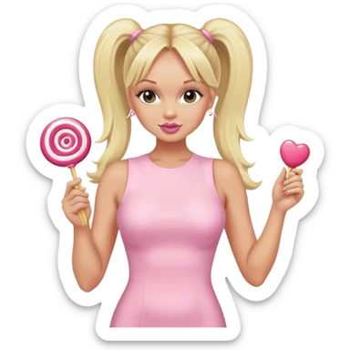 Emma Bunton with long blonde ponytails wearing light pink bodycon dress holding a lollipop sticker