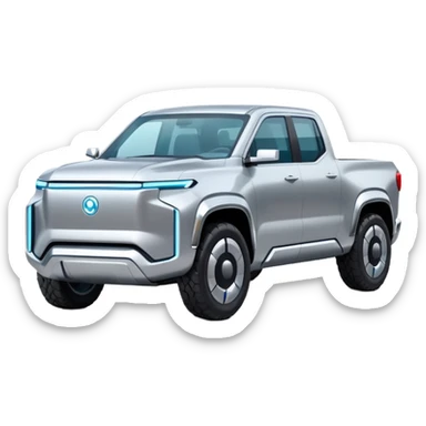 A futuristic electric pickup truck emoji, silver chrome body, angular cyber design, smooth metallic panels, subtle reflections, minimalistic proportions, iOS emoji style, centered composition, clean white background, soft lighting sticker