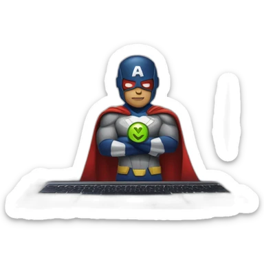 superhero with a rocket emblem sitting in front of his macbook sticker