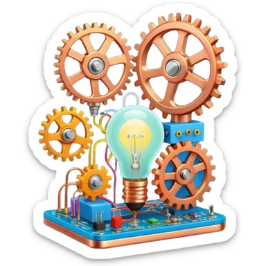 science, chemicals, mechanical gears, electronics, electric wires, light bulb, LED, resistors, circuit board, ic, physics,  nuclear model sticker