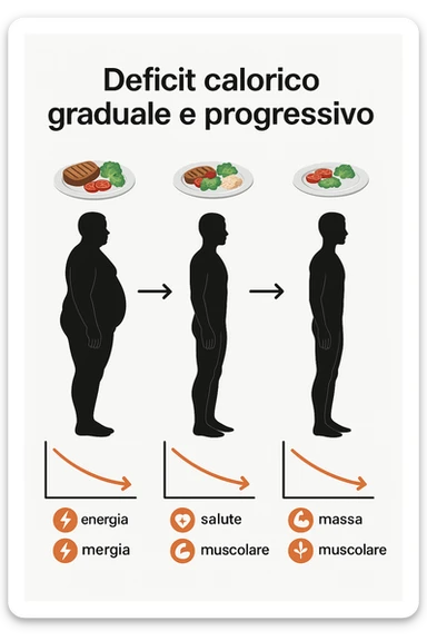 una sequenza di tre sagome umane affiancate, ognuna rappresenta una fase diversa di perdita di peso graduale. Sopra ogni figura, un piatto mostra porzioni di cibo bilanciate ma leggermente ridotte. Frecce e grafici illustrano una diminuzione lenta e costante dell’apporto calorico giornaliero, con icone che rappresentano energia, salute e mantenimento della massa muscolare. Sfondo pulito e moderno, con etichette chiare che spiegano “deficit calorico graduale e progressivo” in italiano sticker