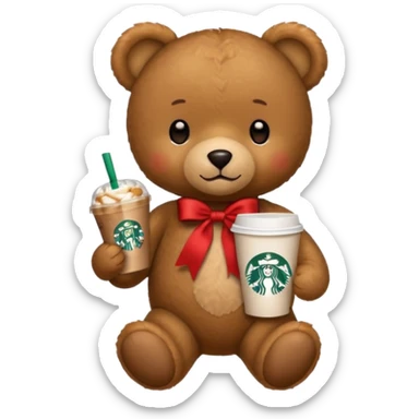 smooth texture teddy bear with red ribbon and starbucks coffee sticker