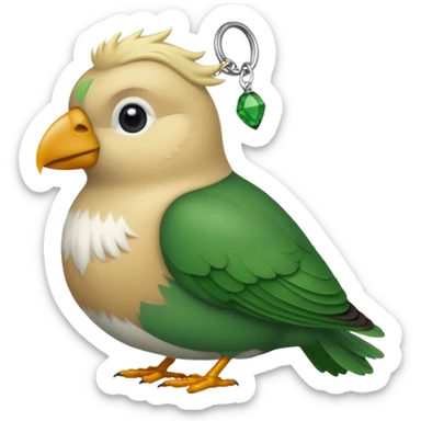 un oiseau classique tout vert avec un collier autour de son cou avec des breloque argentées et un seul poil blond qui fait une petite bouclette sur le front le collier est autour du coup de l’oiseau entre la tête et le corps sticker