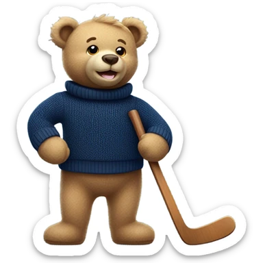 Handsome happy teddy bear wearing a nave blue sweater hockey game sticker