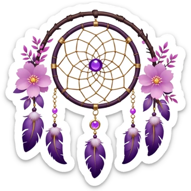 A white-circle-framed Dreamcatcher with purple-round-orb-stones, gold-ring-accents, purple tint flowers, pink sakura flowers, sticker