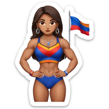 sexy and muscled, full body, brown skin Armenian caucasian girl, sexy girl, beautiful eyes, makeup, earrings, muscled, surrounded by mountains, Flag of Armenia sticker