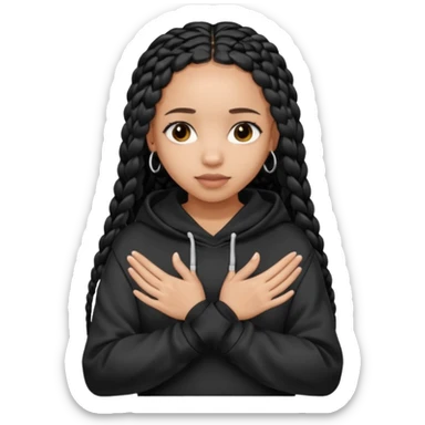 African American light skin girl with long black box braids wearing a black hoodie with hands folded together sticker