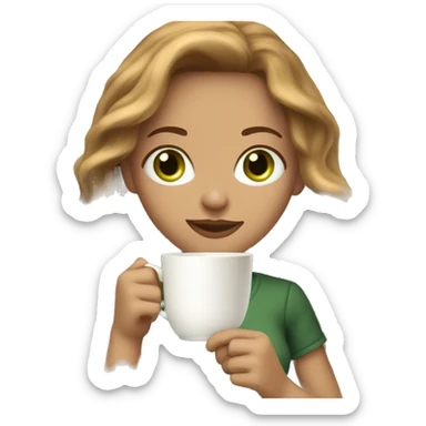 woman with long light brown wavy hair, green eyes, holding a tea cup and a book sticker