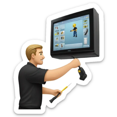 Technician wearing a black polo shirt fixes a TV to a white wall of an exhibition Booth using a screwdriver sticker