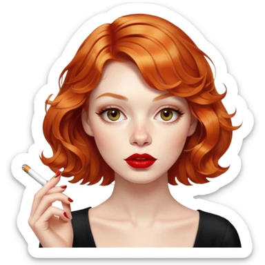 Alluring ginger French girl french shiny wavy textured bob haircut tousled hair red lips smoking cigarette sticker