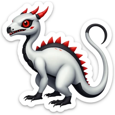 a white exotic edgy vernid-fionbr-Fakémon-creature, with black belly and red eyes, full body sticker