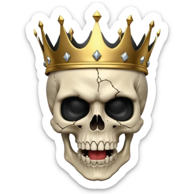 Demonic 3D skull holding its head by its hand in shock, mouth open, wearing a golden crown, dark horror vibe sticker