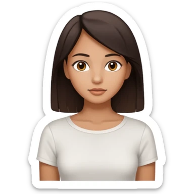 Koyu saçlı, genç bir kadın. Ten rengi buğday. Gözleri kahverengi. Saçları düz (veya kıvırcık) ve orta uzunlukta. Soft makyajlı, sade stil. sticker