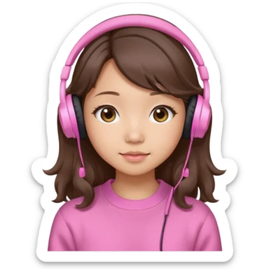 a asian japanese girl with wavy silky brown hair and no bangs. she has a cute pink gaming headphones. she is wearing a cute pink sweater  sticker