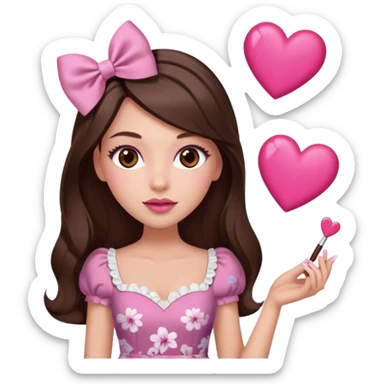 Chocolate brown clothes emoji, inspired with brunette hair, brown eyes, long hair, heart shape lips and pink make up  and pink nails, mauve pink blush and floral pink dress, half up hair with white bow peaking on the sides, white heels  sticker