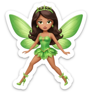 Pretty thick Barbie girl with caramel skin. Dark brown hair and brown eyes. She has freckles. Wearing sexy makeup. Wearing a green fairy costume and heels and flying sticker