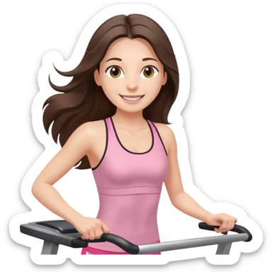 happy long haired brunette girl hazel eyes in light pink on treadmill  sticker