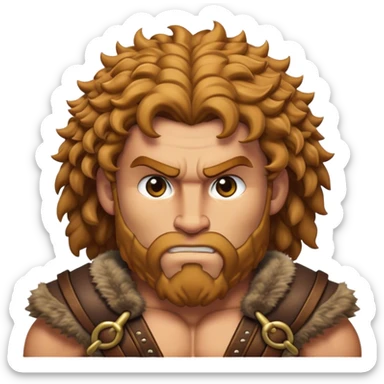 Cinematic Realistic Barbarian Hercules Portrait emoji, depicted as a fierce Greek hero with the chiseled features of Michelangelo's David. His light tan, sculpted skin glows with timeless strength, and his thick, curly, golden brown hair cascades in wild, untamed curls reminiscent of a warrior’s mane. Instead of a flowing white robe with golden accents and a laurel wreath, he wears rugged, weathered leather and fur garments—a tattered, fur-trimmed cloak draped over broad shoulders and a simple circlet forged from iron and bone. His intense, determined eyes exude savage nobility, all rendered under dynamic natural lighting with a mythic, raw, radiant glow. sticker