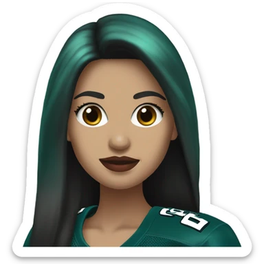 White female long dark hair red lips wearing Philadelphia Eagles jersey sticker