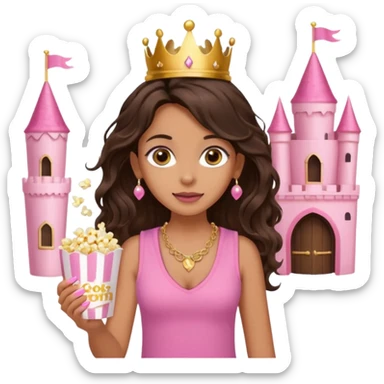 a woman with long dark brown  beachy wavy hair with light brown big eyes wearing pink vest top gold necklace baby pink nails and gold stud earrings with a pink castle fantasy in the background while eating popcorn  sticker