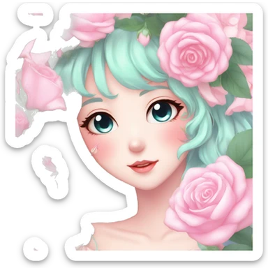 Gorgeous pastel anime style lady with blushing face and roses cottagecore fairycore pastelcore shiny colorful pearly petite aesthetic trending style sticker