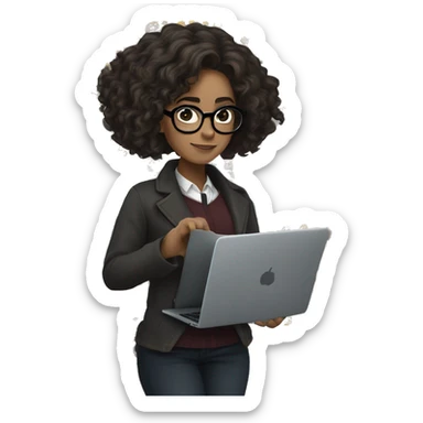 Hermione Granger with medium length, black curly hair, half-clutched, and specs, working on laptop sticker