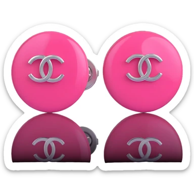 Remove any pearl elements, keep as glossy pink 3D emoji-style Chanel logo stud earrings with silver accents, elegant, with no background. sticker