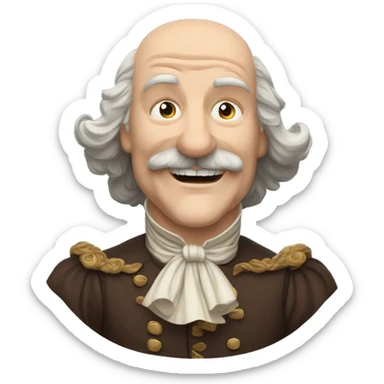Short pudgy old man over enthusiastic happy excited face bald forehead long wavy gray and brown brunette long wavy hair moustache Shakespearean dress vintage clothes hamlet small arms sticker