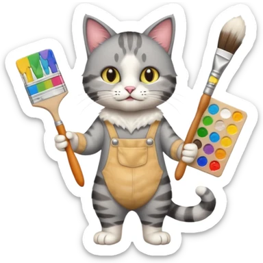 A full body cat holding brushes and a colour pallete because he is an artist sticker