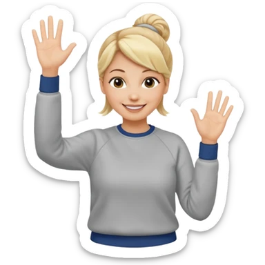 50 year old blonde woman with bun in casual clothes and sweat shirt waving sticker