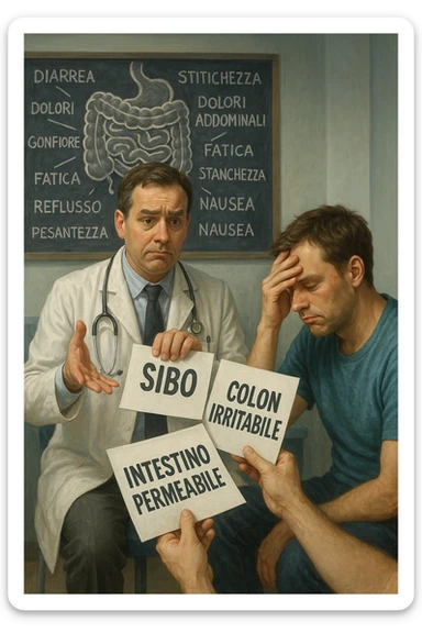 Scena clinica con un medico confuso in camice bianco davanti a un paziente seduto. Il medico ha tre fogli in mano, e li mostra uno alla volta con espressione incerta: il primo dice 'SIBO', il secondo 'Colon Irritabile', il terzo 'Intestino Permeabile'. Il paziente ha un’espressione confusa e scoraggiata, con una mano sulla fronte. Sullo sfondo una lavagna caotica con disegni di intestino e sintomi ovunque. Stile realistico con tocchi ironici, toni freddi da ambulatorio ma con un messaggio visivo forte di incertezza diagnostica. in italiano sticker