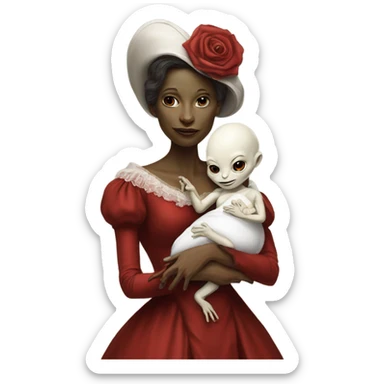  Reptilian alien woman , full body, in victorian red elegant dress , holds a newborn white humman baby sticker