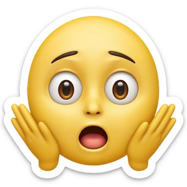 A 3D glossy yellow emoji of a shocked horrified face, with mouth and eyes are wide open, eyebrows  raised, and hands against their cheeks, face without nose, black background, high quality, soft studio lighting sticker