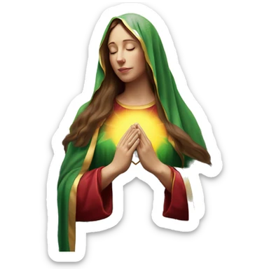 Virgin Mary: kind face looking down at the left, long brown hair, Wearing an emerald green  robe with gold stars and a burgundy red dress,  Hands in prayer or blessing. Halo around her head. standing in front of a big sun. colorful roses on the sides  sticker