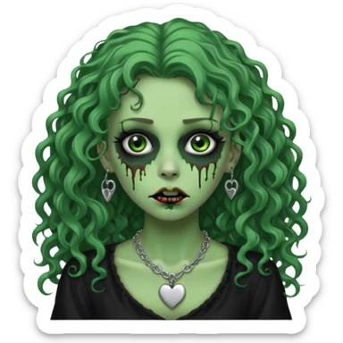 a green zombie girl with a scar on her face, long curly hair, wearing a black blouse and a silver necklace with a heart pendant downcast eyes and eyeliner sticker
