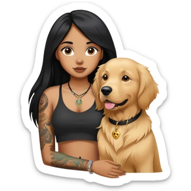 brown girl with long black  straight hair with  tattoos on the chest and  a golden retriever sticker