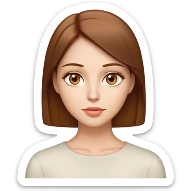 Mujer con pelo castaño ojos de color miel y cabello liso blanca con labios delgados como una linea sticker