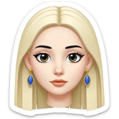 A white skinned girl with a three-dimensional face shape from Europe and America has long, straight black center part hair Upperhung eyeliner and two earrings sticker
