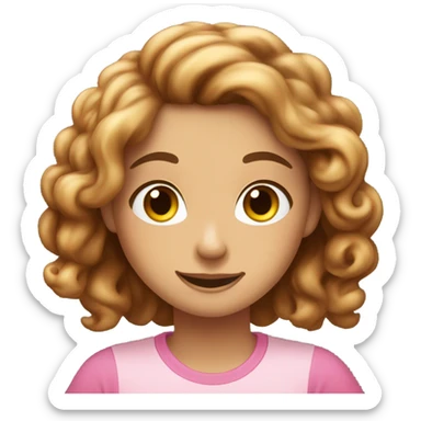 A girl with fair skin, a brunette with long curly hair and brown eyes. Eating sinabon in a pink T-shirt. sticker