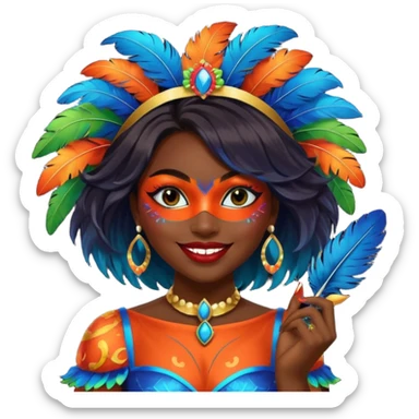 i need the same girl in "dark skin girl, dark red lipstick, nails very beautiful" to be smiling in "carnival mas costume, blue, green and orange preferably, full costume feathers at the back" she is to be smiling, hair should be dark and in a bob  sticker