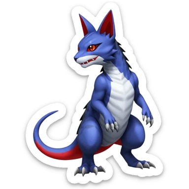 midnight blue-gray-black, with red markings, white belly, scaley Bastet-Noibat-Gatomon-Garchomp-Digimon-Fakémon-Pokémon-creature (full body) sticker