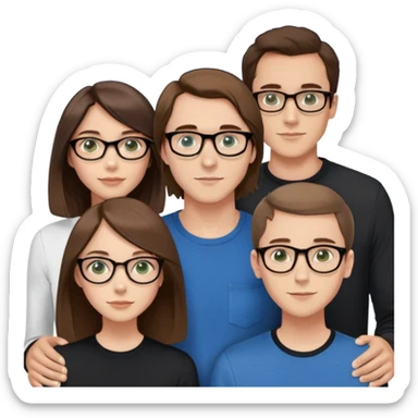 Three friends, one with long chest-length hair, blue eyes, a high forehead, brown hair, a guy. The second friend is shorter, black-rimmed glasses, short bob, nerd, girl, green eyes. The third friend is even shorter, brown eyes, just a brown bob and glasses in a beautiful curved frame.  sticker