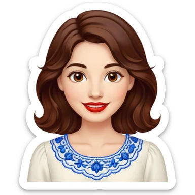 Friendly woman in her late 30s with luminous fair skin, round face, wide smile, large light brown eyes, vibrant red lips, shoulder-length dark brown wavy hair, wearing white blouse with blue embroidery and electric blue neckline sticker