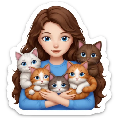 girl with long wavy brown hair, blue eyes, long lashes makeup, cuddling with 6 cats sticker