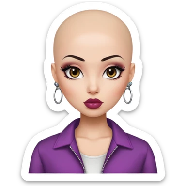 bald, pretty lips, clothes, pale tattoed skin,  dark brown eyes, pretty bratz baddie, black eyeliner sticker