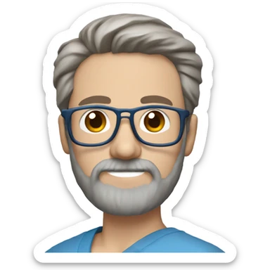 male dark blond haired doctor with grey van dyke beard with hazel eyes and small wire-rimmed glasses in blue scrubs holding a paintbrush and saw sticker