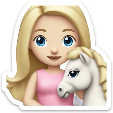 Blonde, pale skin, blue eyes girl wearing a pink dress cuddling her pony stuffed animal. sticker